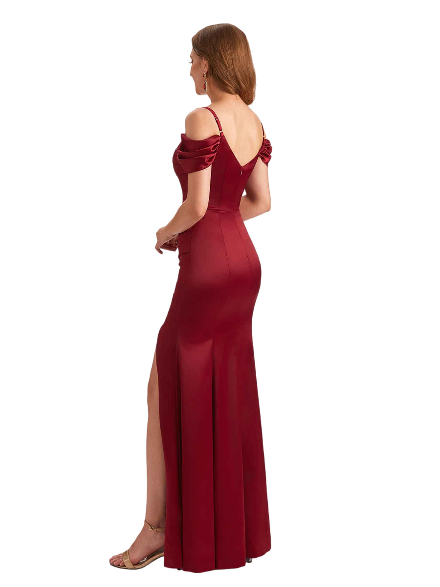 Sexy Cold Shoulder Lace Silky Satin Mermaid Long Bridesmaid Dresses Side Slit