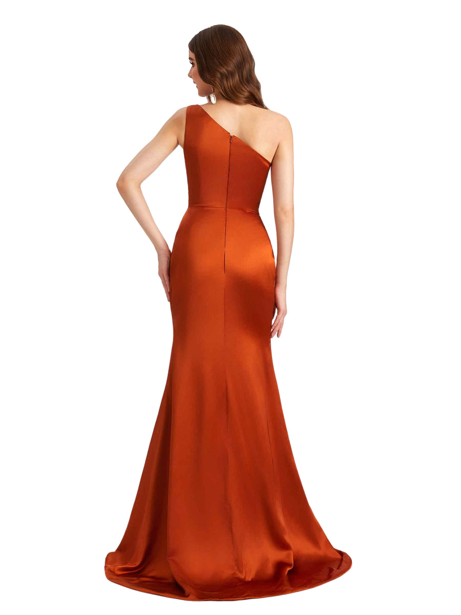 Sexy One Shoulder Silky Satin Side Split Mermaid Long Bridesmaid Dresses Online