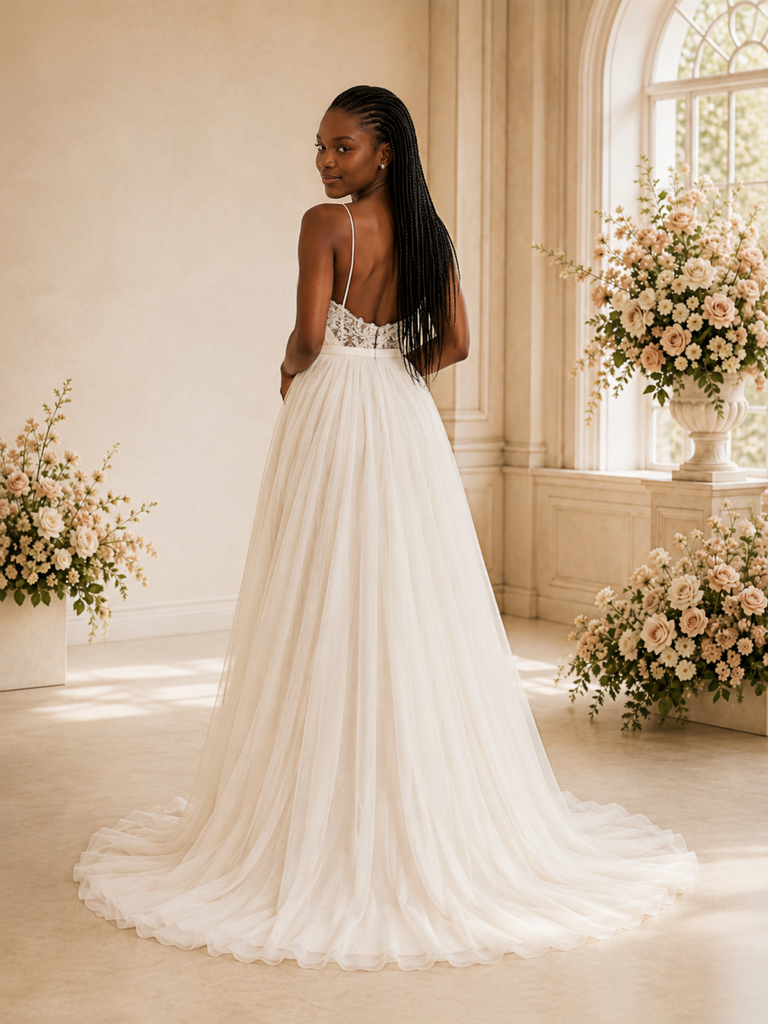 ChicSew Fancy Spaghetti Straps V-Neck Chiffon A-Line Maxi Wedding Dress With Side Slit