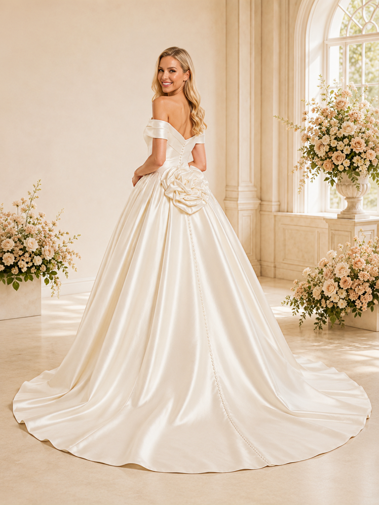 ChicSew Classy Elegant Off The Shoulder Satin A-Line Maxi Long Wedding Dress With Flower