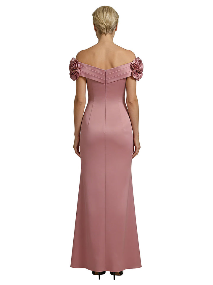 Mother Of The Groom Off Shoulder Side Slit Satin Mermaid Ruched Formal Bride Mother Wear