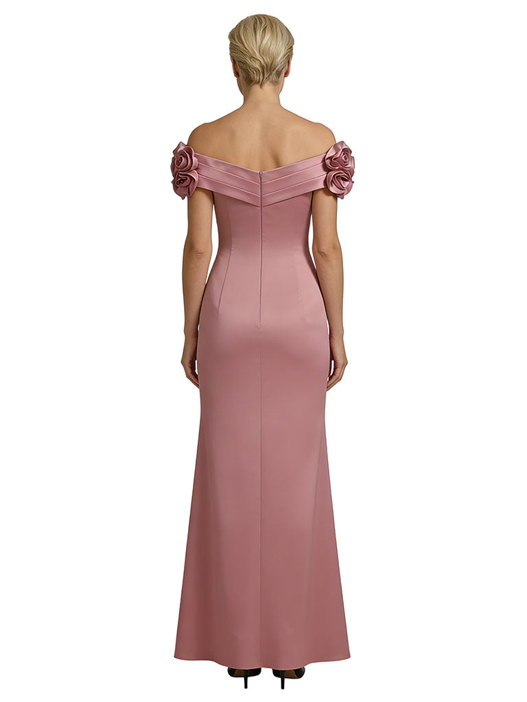 Mother Of The Groom Off Shoulder Side Slit Satin Mermaid Ruched Formal Bride Mother Wear