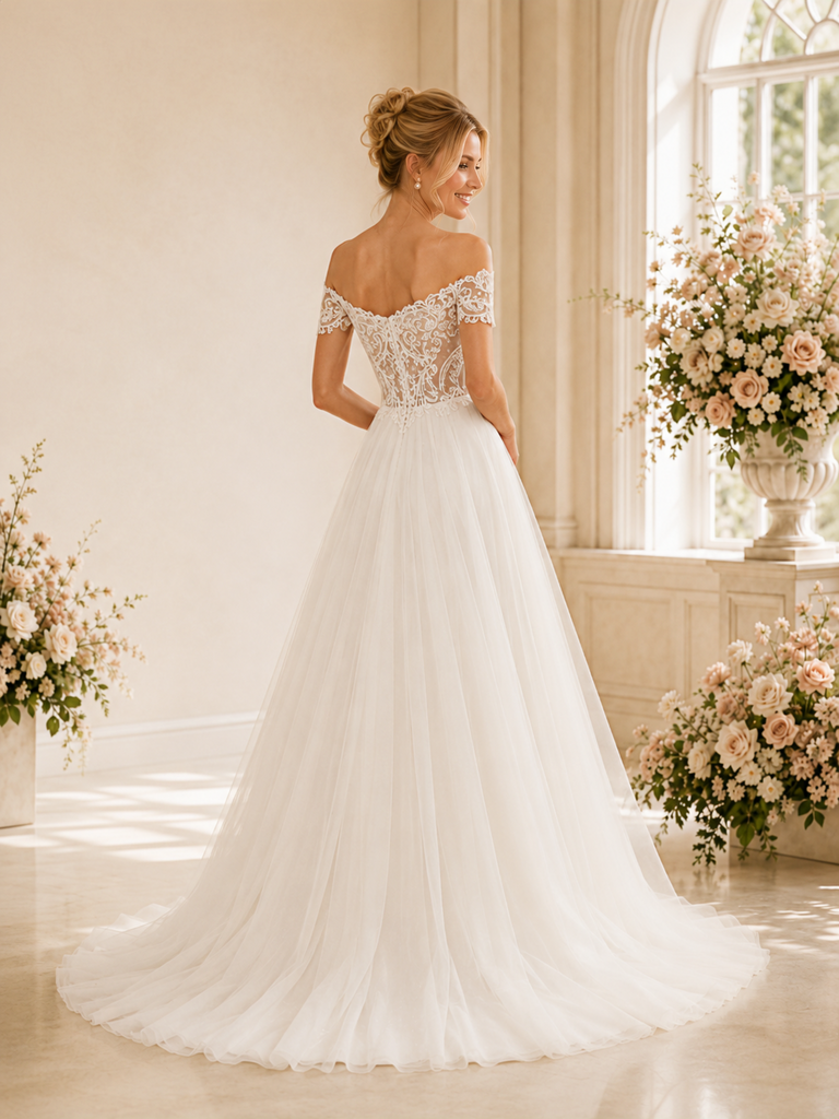 ChicSew Beautiful Elegant Off The Shoulder Lace Tulle A-Line Long Wedding Dress Online
