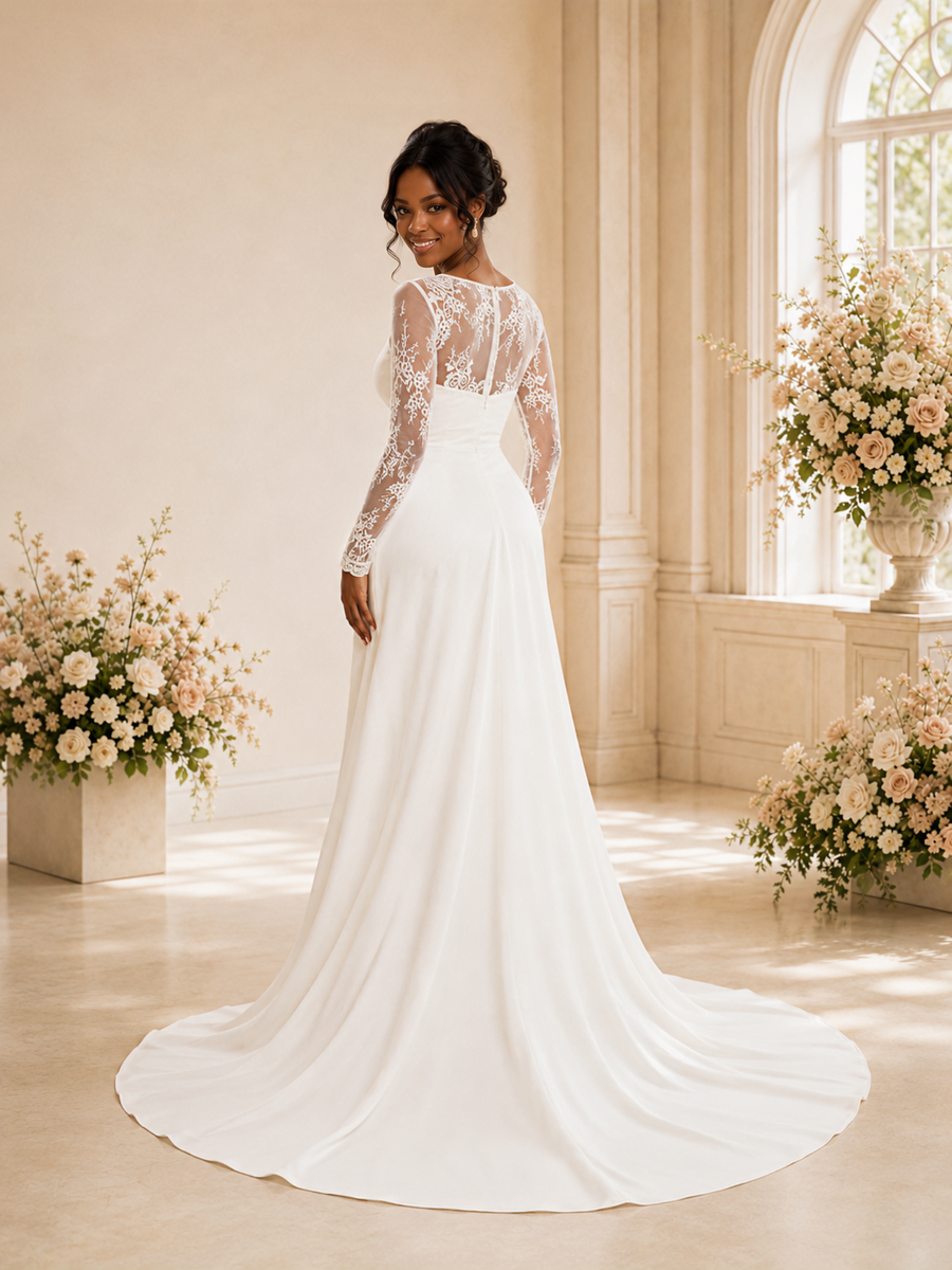 ChicSew Modern Satin Lace Long Sleeves Ruching Mermaid Floor-Length Wedding Dress