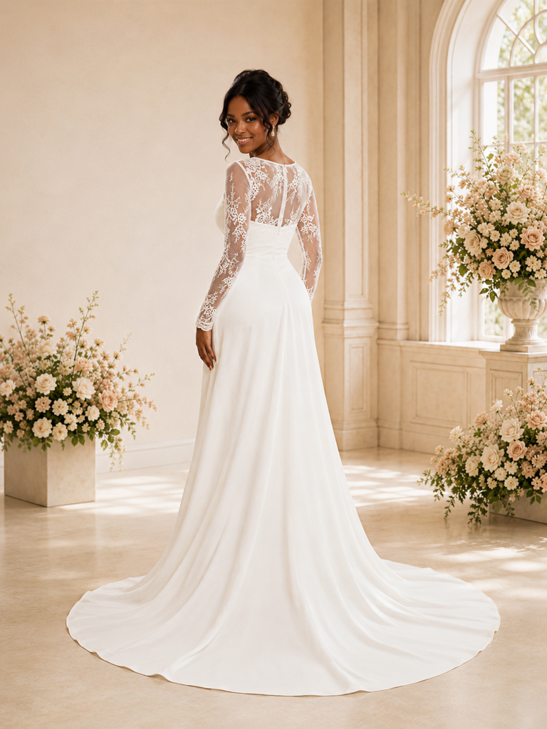 ChicSew Modern Satin Lace Long Sleeves Ruching Mermaid Floor-Length Wedding Dress