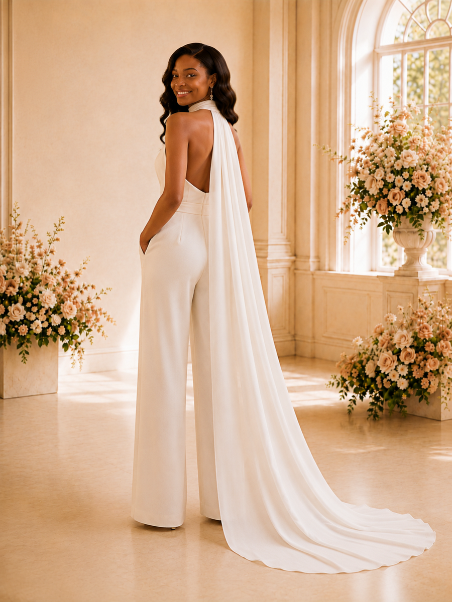 ChicSew Sexy Deep V-Neck Mermaid Crepe Floor-Length Open Back Wedding Jumpsuit