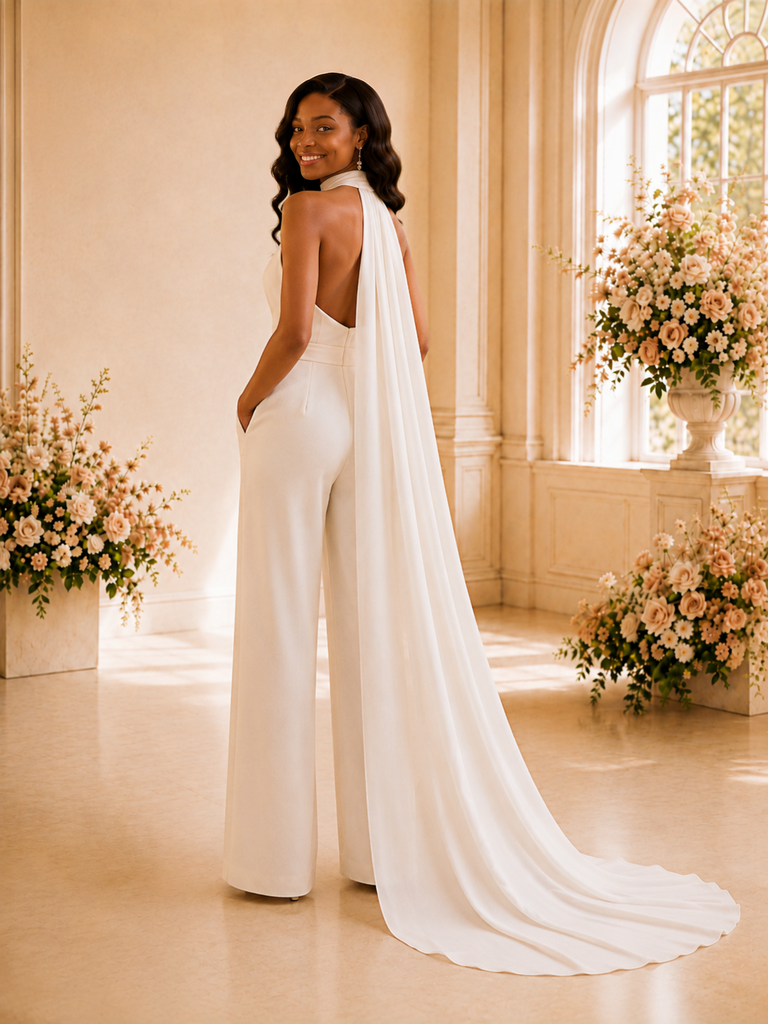 ChicSew Sexy Deep V-Neck Mermaid Crepe Floor-Length Open Back Wedding Jumpsuit
