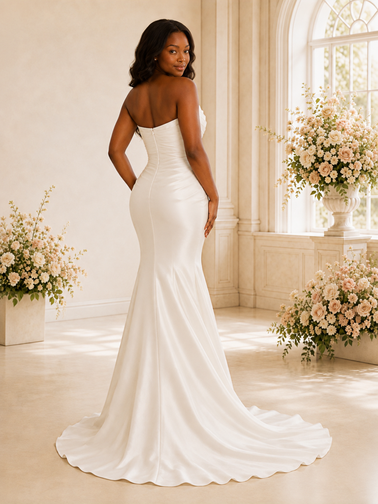 ChicSew Fancy Strapless Ruching Satin Mermaid Floor-Length Wedding Dress