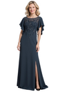 Elegant Chiffon A-Line Flowy Short Sleeves Scoop Long Grandmother Of The Bride Dresses Slit