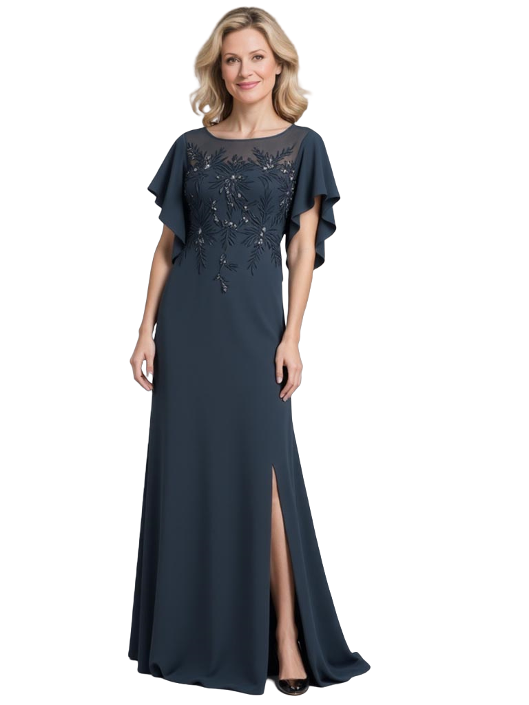 Elegant Chiffon A-Line Flowy Short Sleeves Scoop Long Grandmother Of The Bride Dresses Slit
