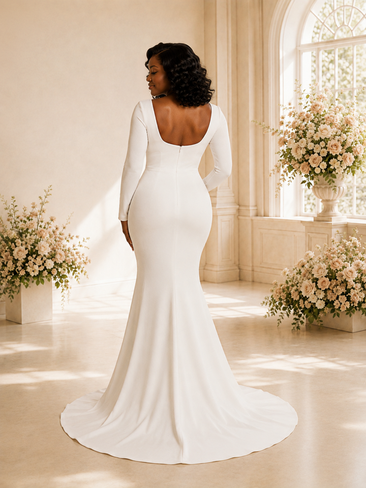 ChicSew Elegant Mermaid Square Neck Long Sleeves Crepe Maxi Wedding Dress