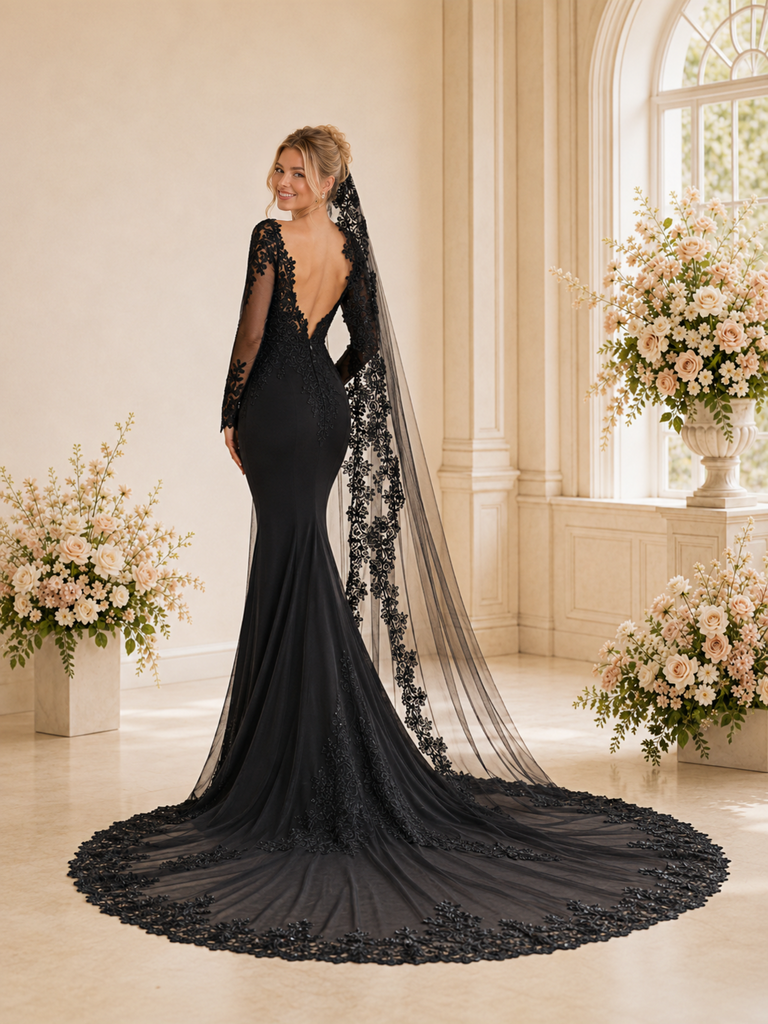 ChicSew Unique Deep V-Neck Mermaid Long Sleeves Lace Tulle Maxi Wedding Dress With Long Train