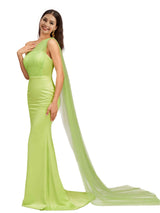 Elegant Mermaid One Shoulder Zipper Back Soft Satin Long Bridesmaid Dresses