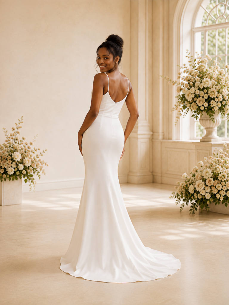 ChicSew Modern Spaghetti Straps V-Neck Sleeveless Crepe Mermaid Maxi Wedding Dress