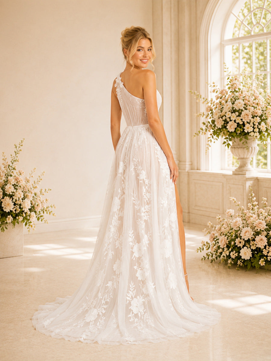 ChicSew Romantic Asymmetric One Shoulder Side Slit A-Line Long Wedding Dresses