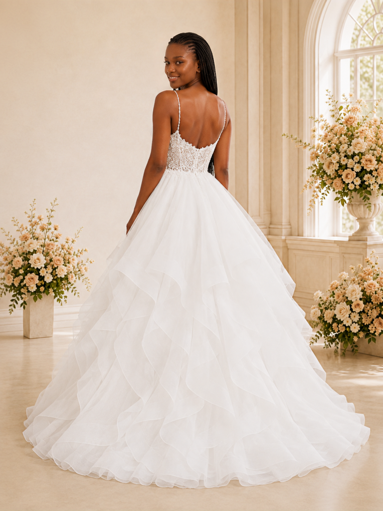 ChicSew Fancy Spaghetti Straps Lace Applique Ruffled Tulle A-Line Maxi Long Wedding Dress