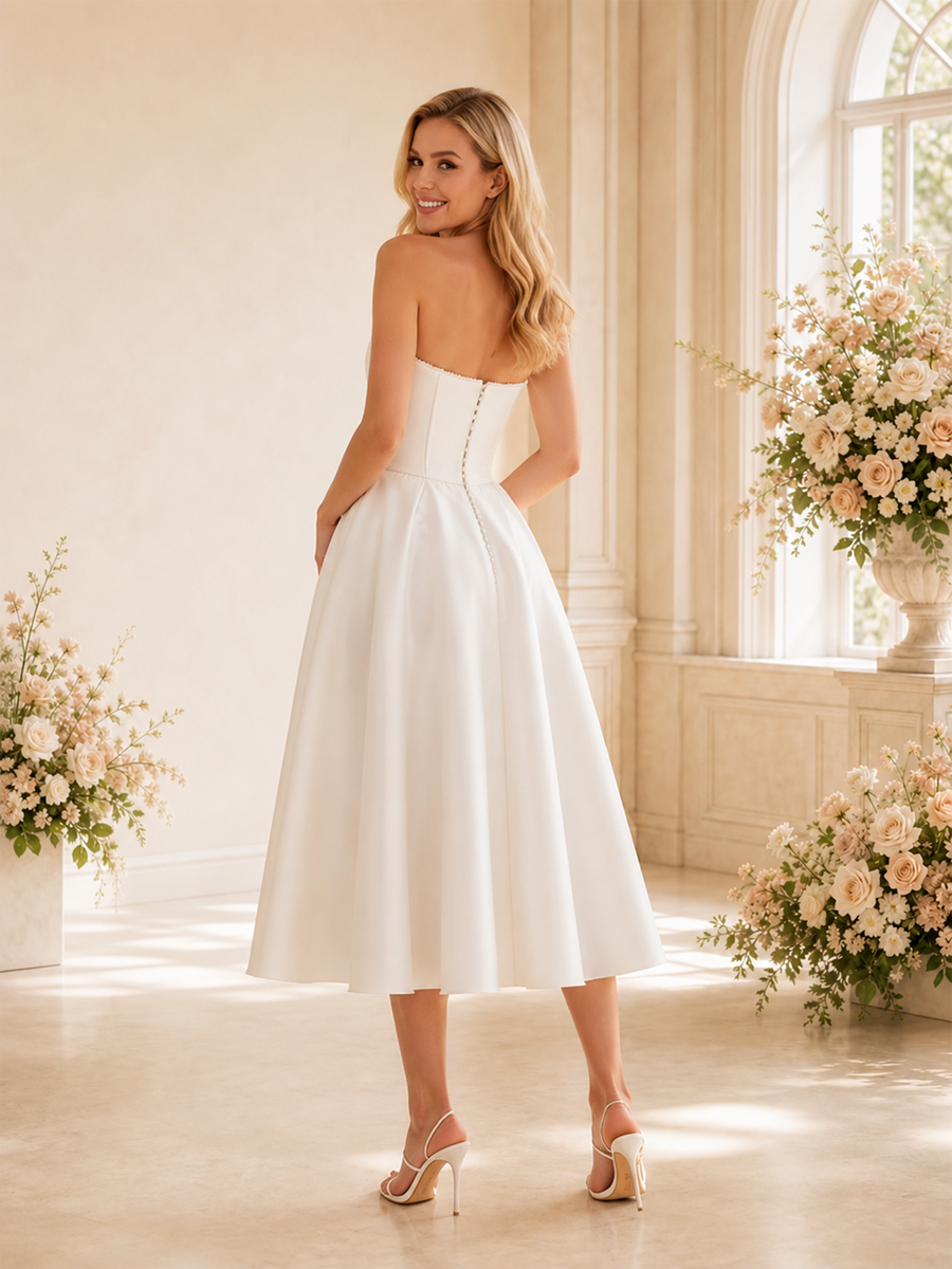 ChicSew Simple Strapless Boning A-Line Satin Midi Wedding Dress