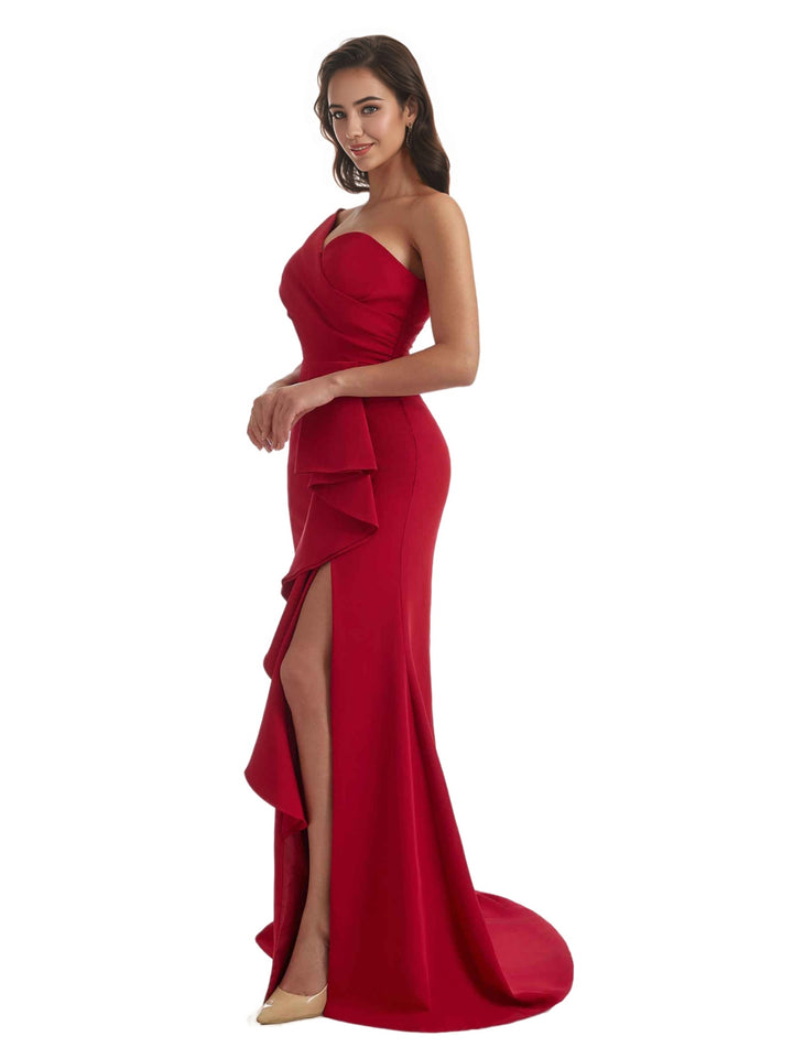 Sexy Mermaid Side Slit One Shoulder Crepe Long Bridesmaid Dress For Wedding