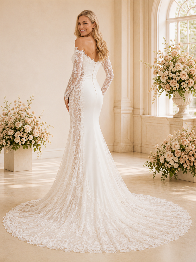 ChicSew Unique Glamorous Long Sleeves Mermaid Lace Applique Crepe Maxi Long Wedding Dress