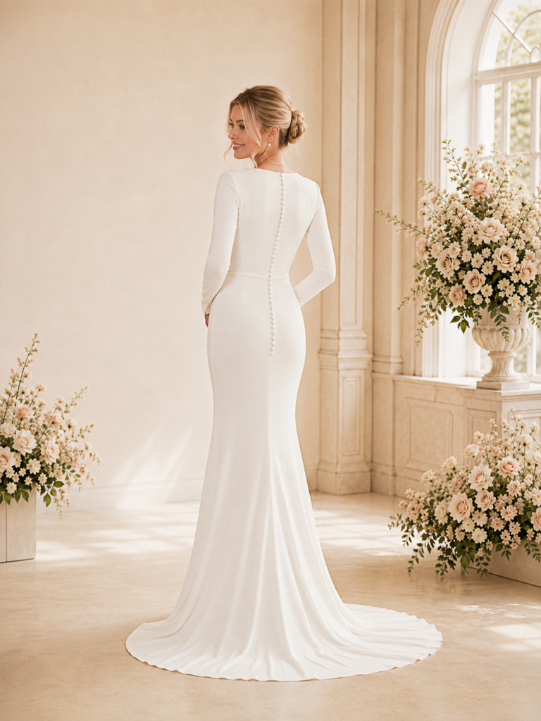 ChicSew Elegant Fancy Deep V-Neck Long Sleeves Crepe Side Slit Mermaid Maxi Wedding Dress