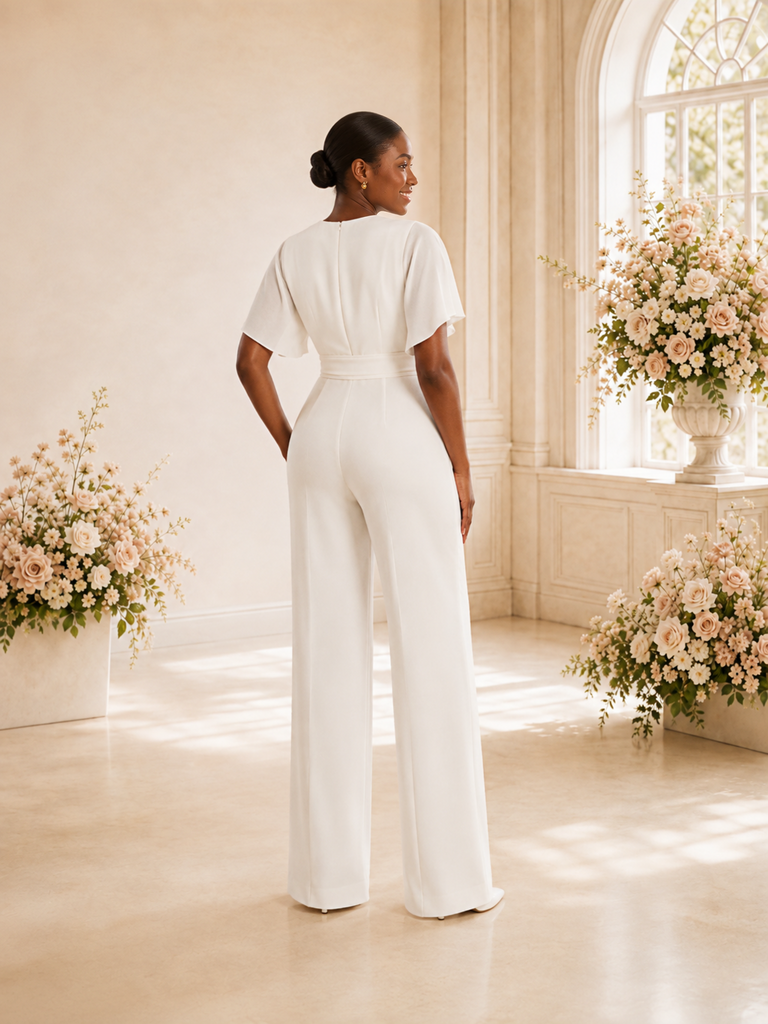 ChicSew Unique V-Neck Short Sleeves Ruching Chiffon Floor-Length Wedding Jumpsuit