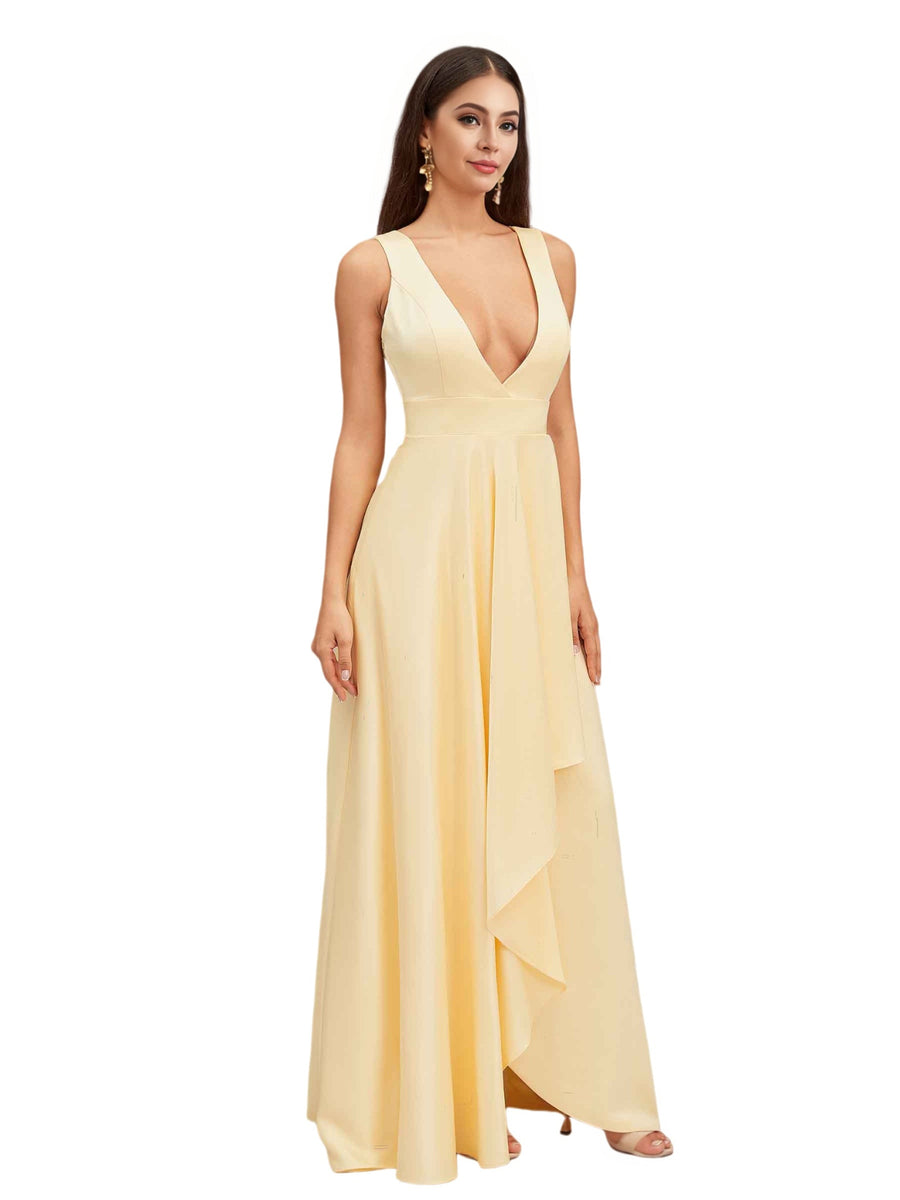 Sexy Deep V-Neck Soft Satin A-Line Long Bridesmaid Dresses Online