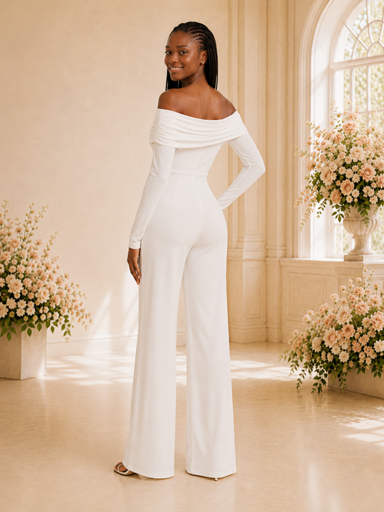 ChicSew Modern Asymmetrical Neck Long Sleeves Crepe Floor-Length Wedding Jumpsuit