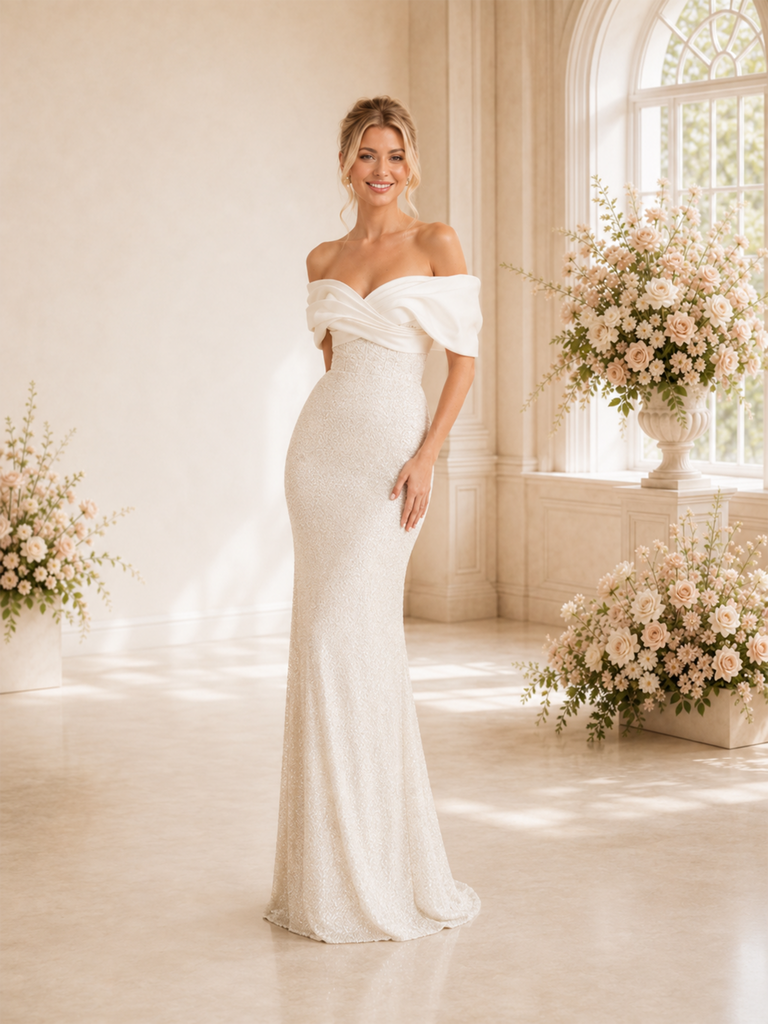 ChicSew Unique Off The Shoulder Glitter Tulle Mermaid Long Wedding Dresses With Satin Overskirt