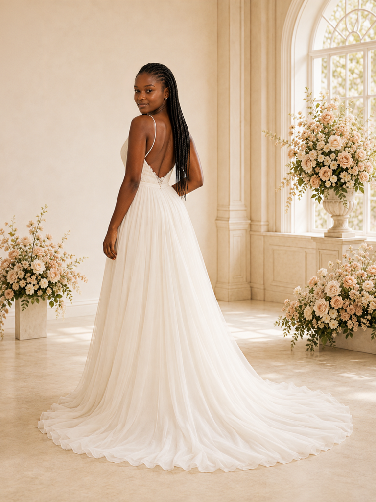 ChicSew Elegant A-Line Spaghetti Straps Lace Chiffon Open Back Maxi Wedding Dress