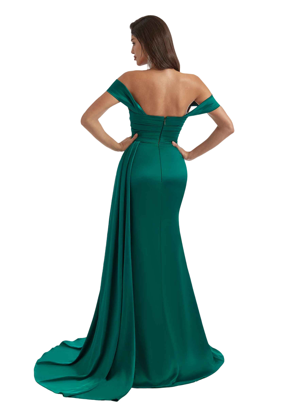 Sexy Off The Shoulder Side Split Mermaid Ruched Satin Pretty Long Bridesmaid Dresses