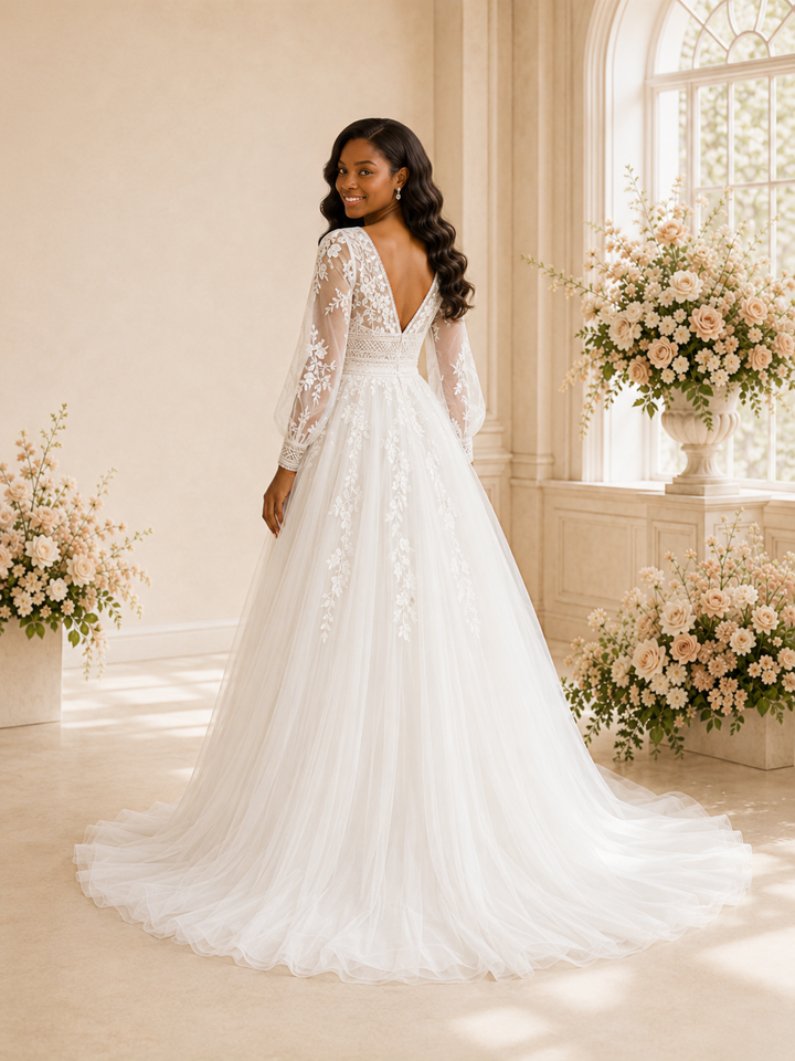 ChicSew Elegant A-Line V-Neck Long Sleeves Tulle Maxi Wedding Dress With Lace Applique