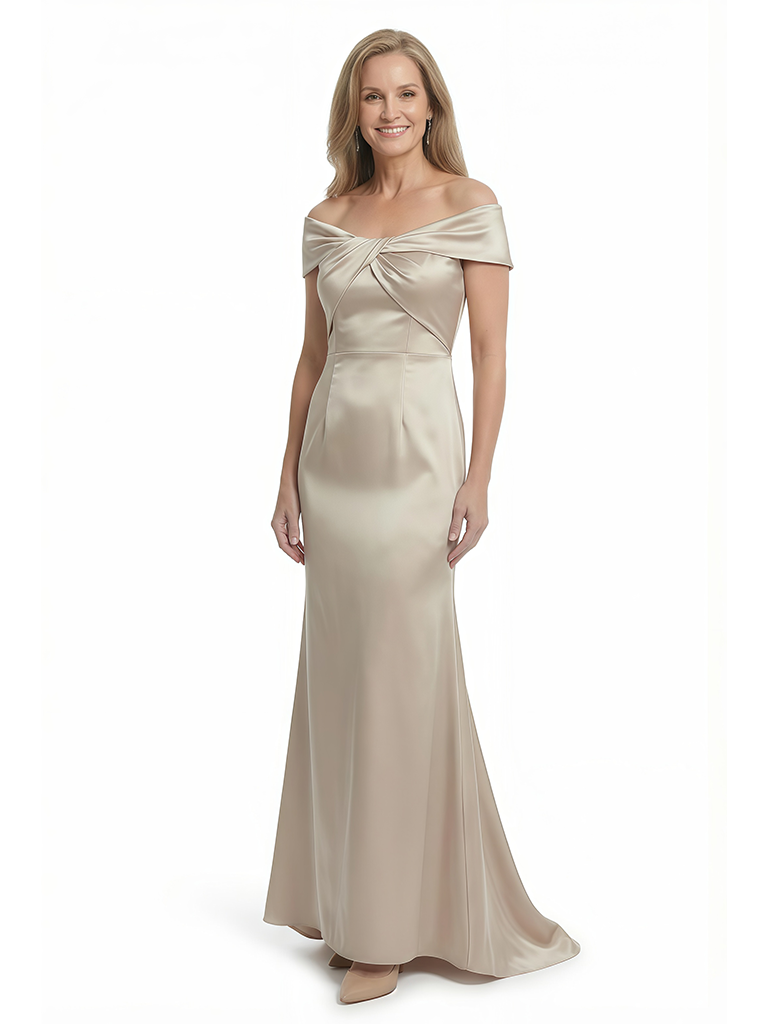 Chicsew Off Shoulder Mermaid Floor Length Satin Twisted Detail Elegant Mom Of The Groom Dresses