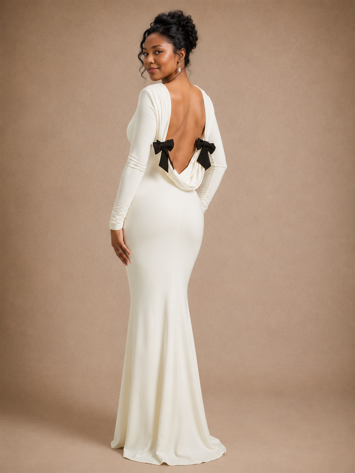 ChicSew Modern Unique Open Back Crepe Long Sleeves Mermaid Maxi Wedding Dress