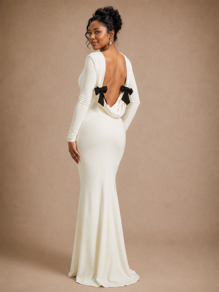 ChicSew Modern Unique Open Back Crepe Long Sleeves Mermaid Maxi Wedding Dress