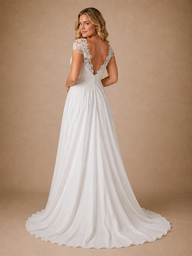 ChicSew Elegant V-Neck Short Sleeves Lace Chiffon A-Line Maxi Wedding Dress