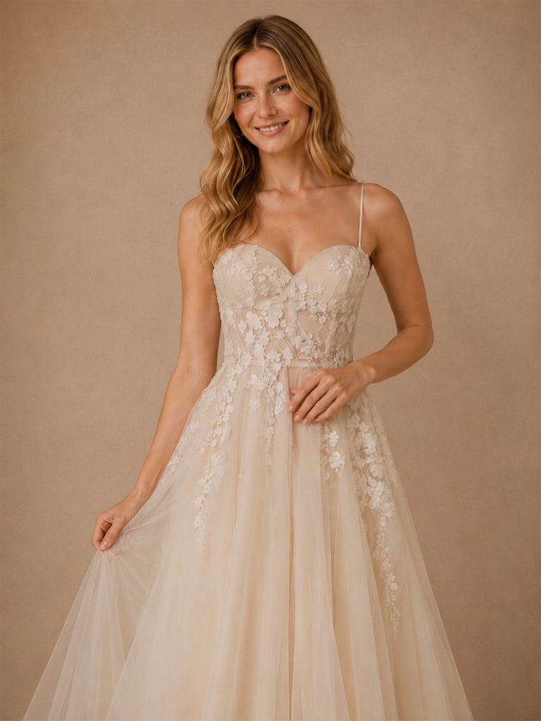 ChicSew Fancy V-Neck Spaghetti Straps Lace Tulle Long A-Line Wedding Dress