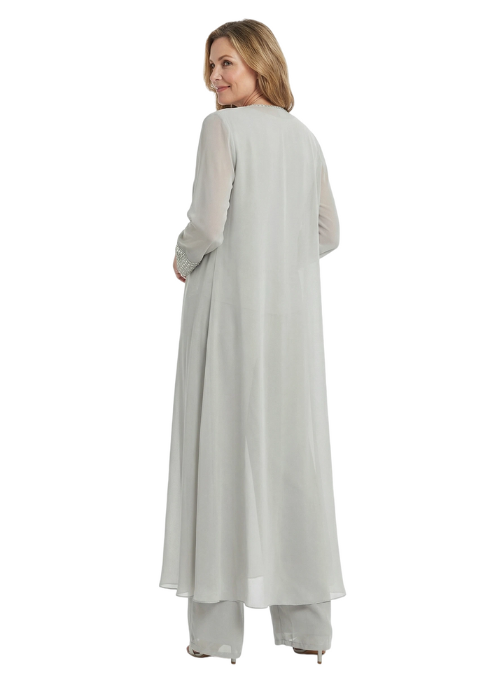 Chicsew Round Neck Chiffon Mother Of The Bride Three Piece Jumpsuit Beaded Formal Mother Of Bride Pantsuits