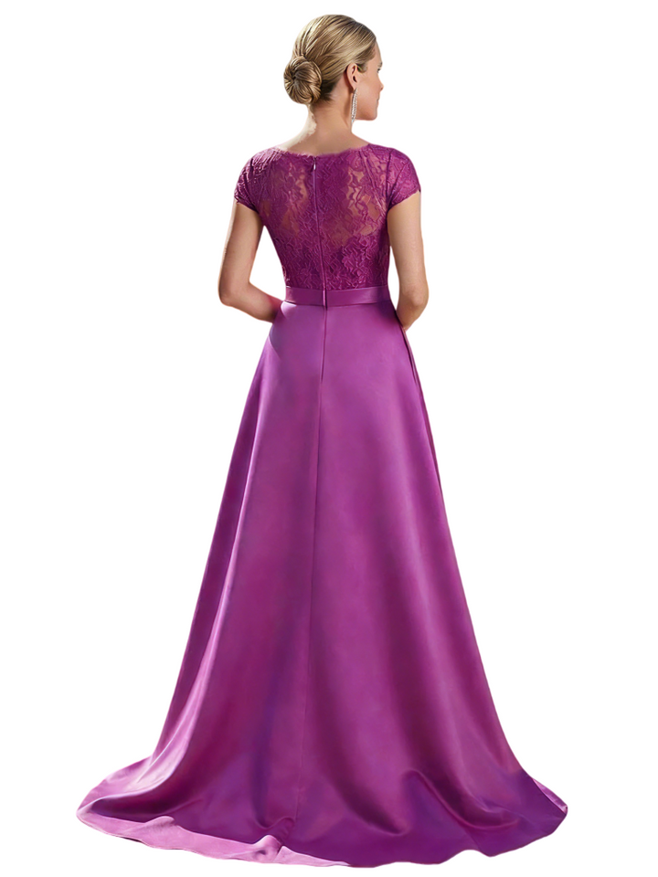 Elegant Cap Sleeves Jewel Lace Top Satin Mother Of The Bride Dresses Overskirt