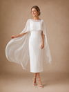 ChicSew Classy Modern Bateau Neck Sleeveless Sheath Crepe Midi Wedding Dress With Tulle Cape