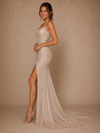 ChicSew Fancy Spaghetti Straps Ruching Side Slit Sequin Tulle Long Wedding Dress