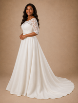 ChicSew Elegant Short Sleeves Rhinestone A-Line Lace Appliques Crepe Maxi Wedding Dress