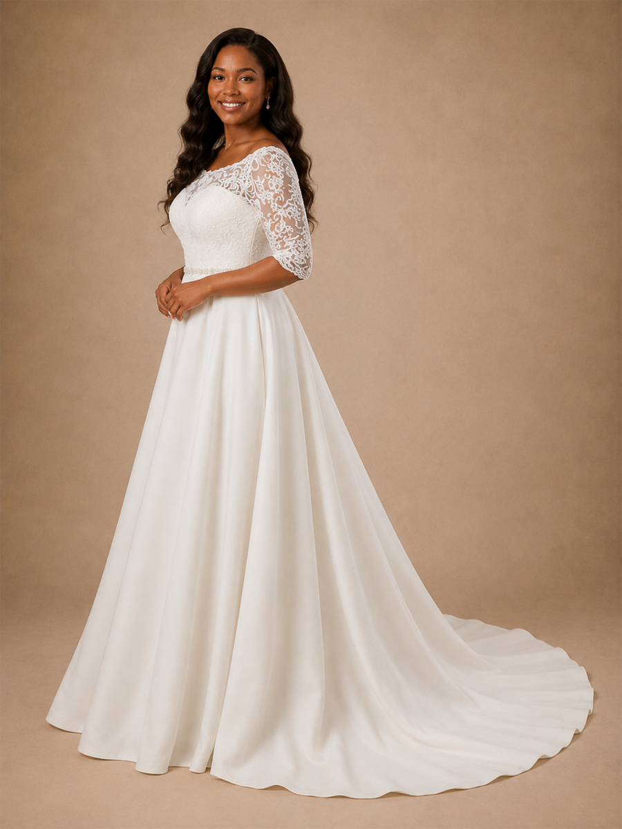 ChicSew Elegant Short Sleeves Rhinestone A-Line Lace Appliques Crepe Maxi Wedding Dress