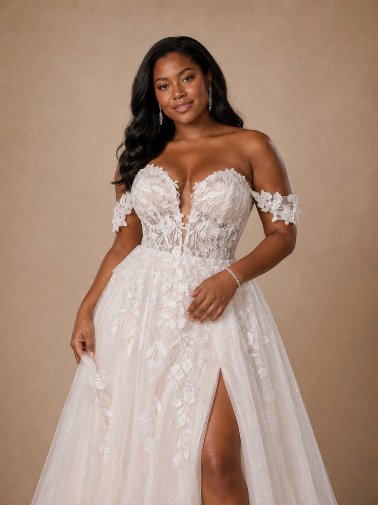 ChicSew Elegant Off The Shoulder Boning A-Line Sleeveless Lace Tulle Maxi Wedding Dress With Side Slit