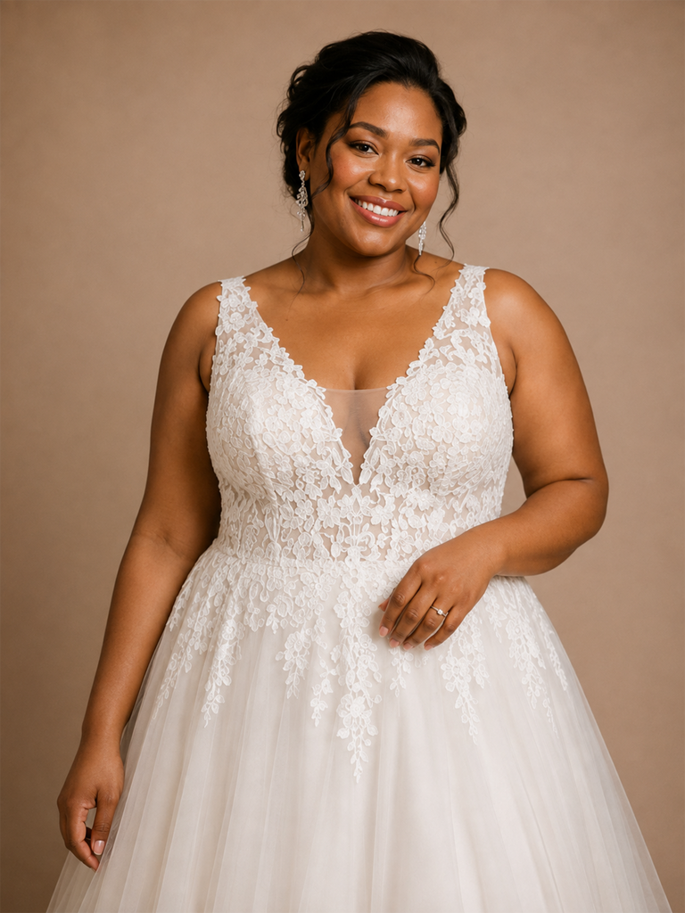 ChicSew Sexy V-Neck A-Line Sleeveless Lace Tulle Maxi Long Wedding Dress
