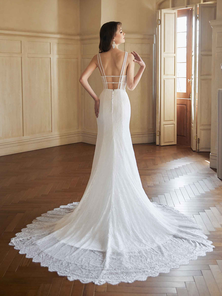 Sexy Mermaid Open Back V-neck Maxi Long Lace Wedding Dresses Online