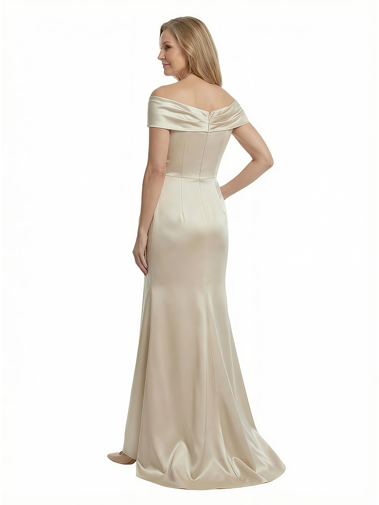 Chicsew Off Shoulder Mermaid Floor Length Satin Twisted Detail Elegant Mom Of The Groom Dresses