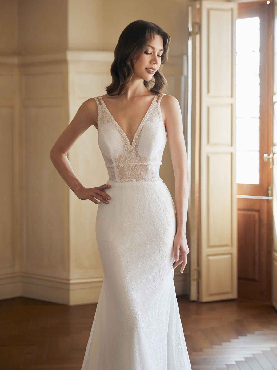 Sexy Mermaid Open Back V-neck Maxi Long Lace Wedding Dresses Online