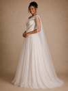 ChicSew Fancy One Shoulder A-Line Pleated Lace Tulle Maxi Wedding Dress With Cape