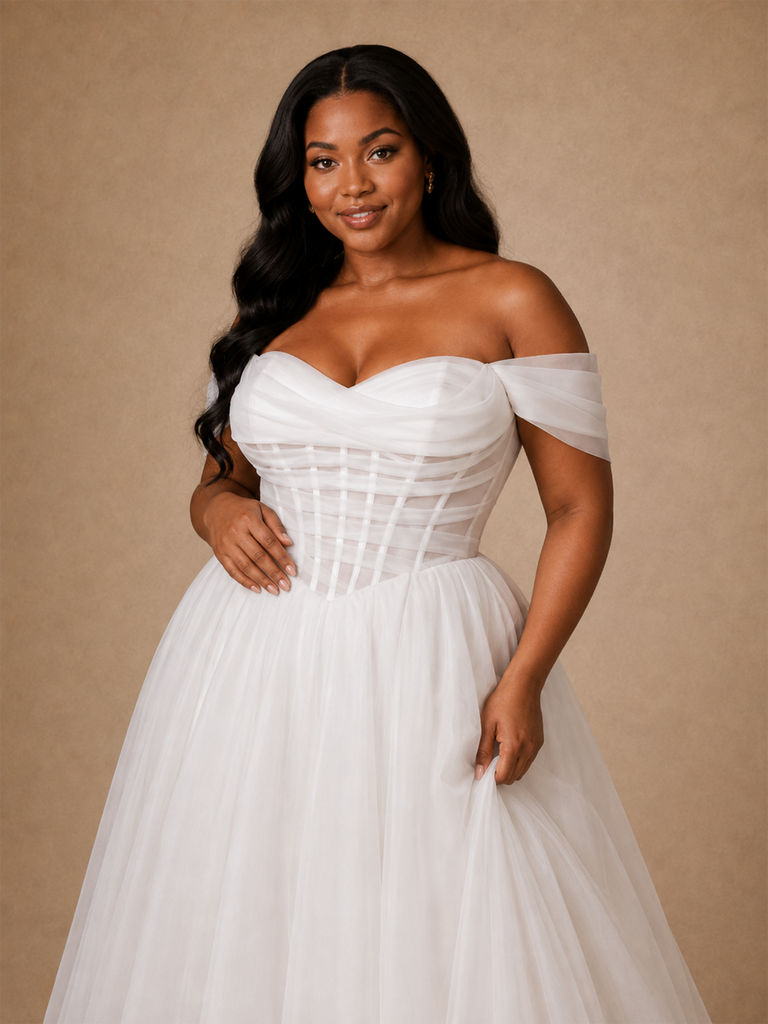 ChicSew Fancy Off The Shoulder Lace Tulle Boning A-Line Floor-Length Wedding Dress