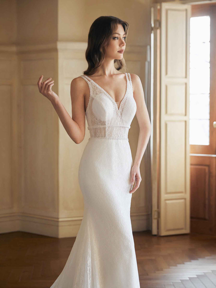Sexy Mermaid Open Back V-neck Maxi Long Lace Wedding Dresses Online